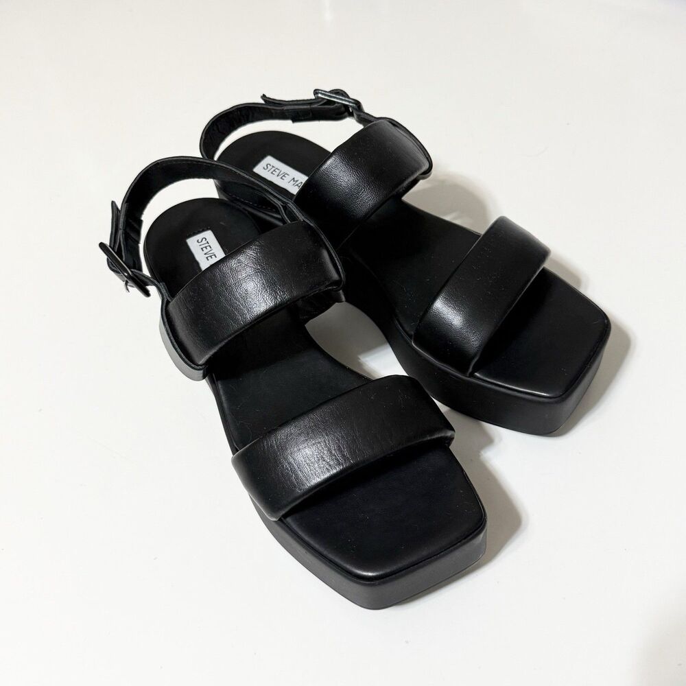 Steve Madden Black Leather Platform Sandals Slingback Buckle Italy EU 40 US 9